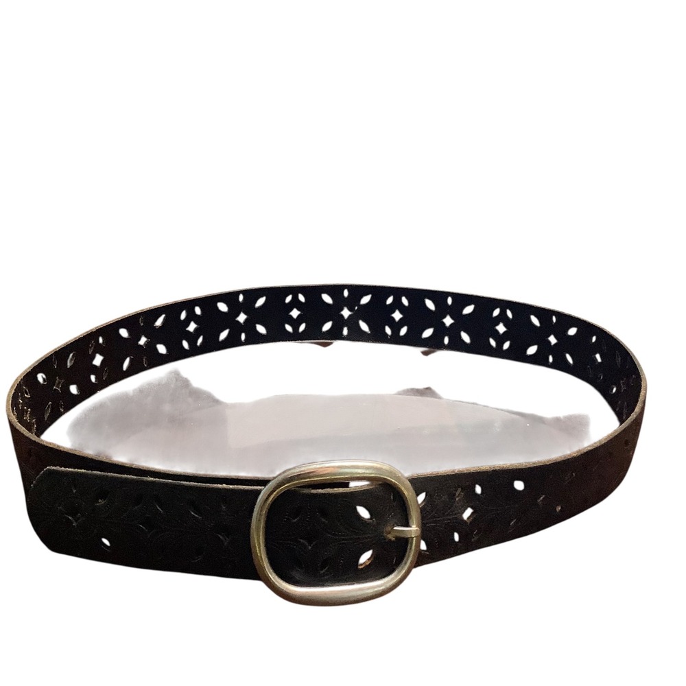 Boho Black Perforated Floral Embossed Belt Silver Oval Buckle 100200 Medium